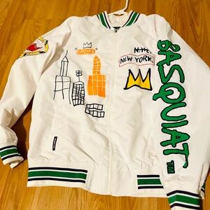 White Graphic Bomber Jacket with Green Accents